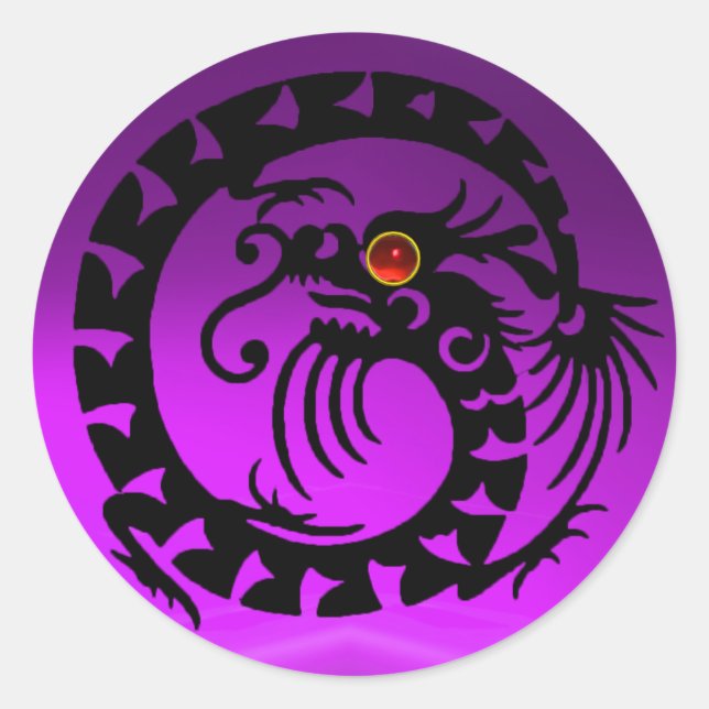 Sticker Rond DRAGON DE NAGE, noir, améthyste pourpre, rubis rou (Devant)
