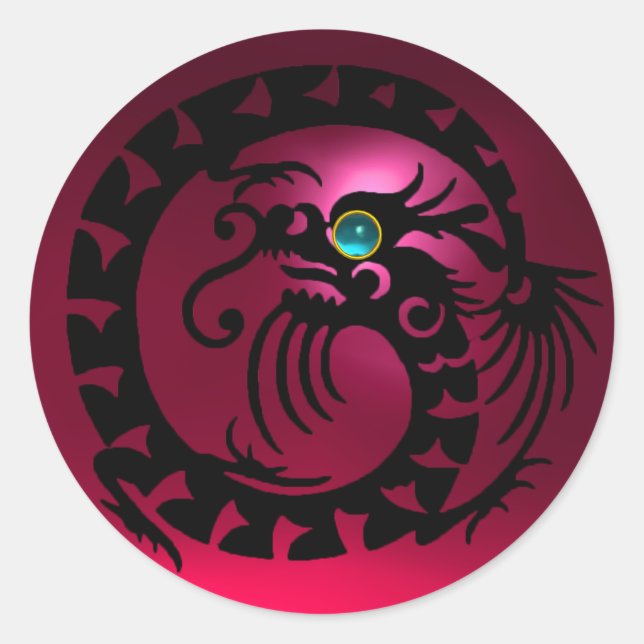 Sticker Rond DRAGON DE NAGE, noir, rubis rose rouge, bleu aquam (Devant)