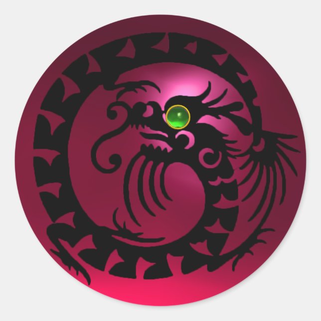Sticker Rond DRAGON DE NAGE, noir, rubis rose rouge, vert émera (Devant)