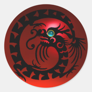 Sticker Rond DRAGON DE NAGE, noir, rubis rouge, bleu aquamarine