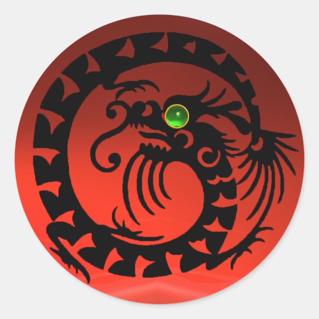 Sticker Rond DRAGON DE NAGE, noir, rubis rouge, émeraude verte (Devant)