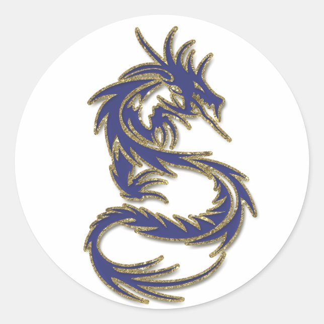 Sticker Rond Dragon de tatouage bleu et or (Devant)