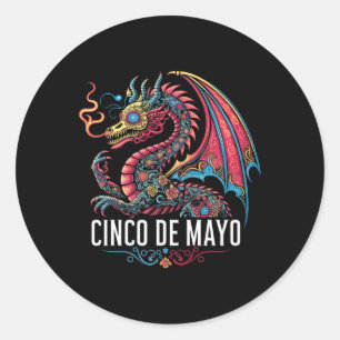 Sticker Rond Dragon drôle Cinco De Mayo Crâne de Sucre Fleur Me