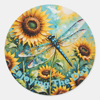 Sticker Rond Dragon Fly personnalisable, Dragon Fly et Sunflowe