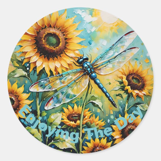 Sticker Rond Dragon Fly personnalisable, Dragon Fly et Sunflowe (Devant)