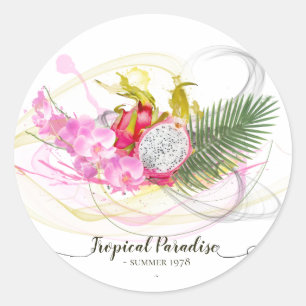 Sticker Rond Dragon Fruit et rose Orchid Tropical