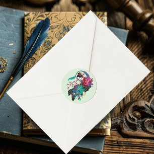 Sticker Rond Dragon Geisha Asiatique Cerisiers Bleu