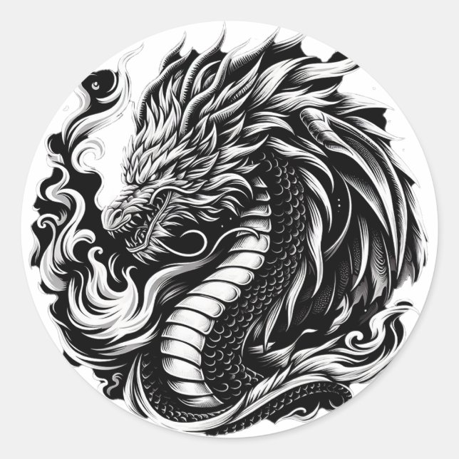 Sticker Rond Dragon Imaginaire noir/blanc (Devant)
