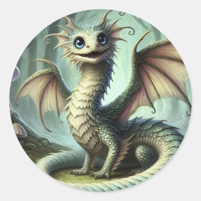 Sticker Rond Dragon Jabberwocky Cute Imaginaire Créature Art (Devant)