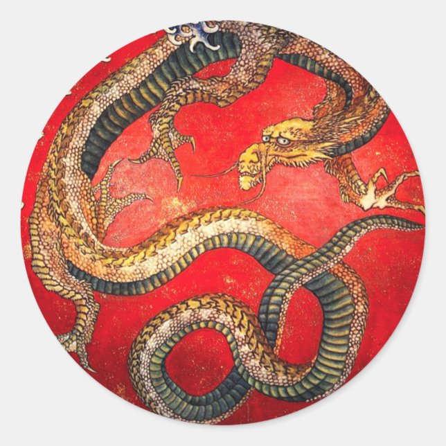 Sticker Rond Dragon japonais d'or Hokusai (Devant)