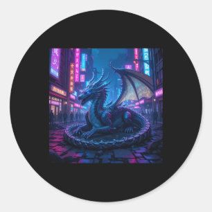Sticker Rond Dragon Majestueux Cyberpunk Reposé À Neon City Sti