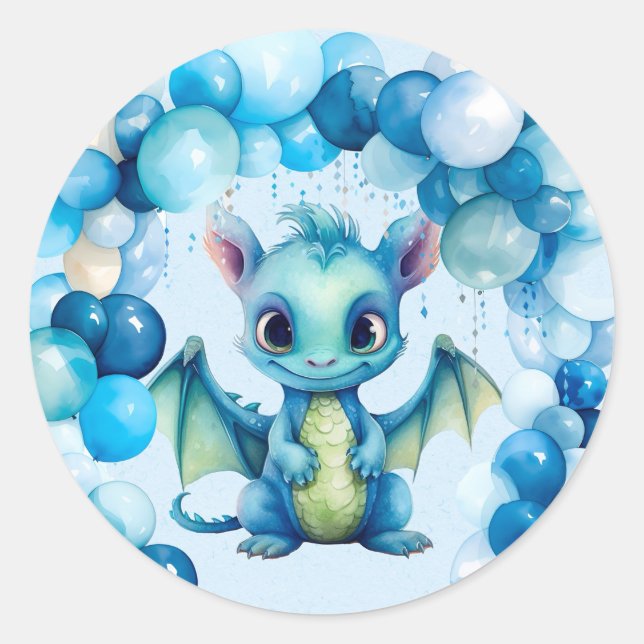 Sticker Rond Dragon mignon avec Ballons Bleus Baby shower garço (Devant)