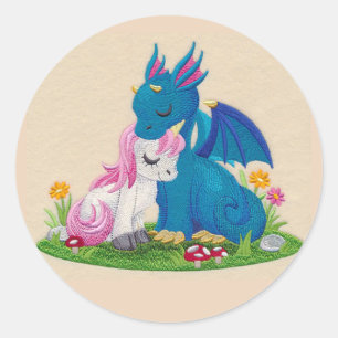 Sticker Rond Dragon mignon et licorne en amour