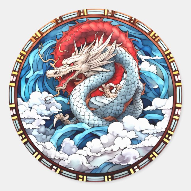 Sticker Rond Dragon mythique asiatique en rouge et bleu (Devant)