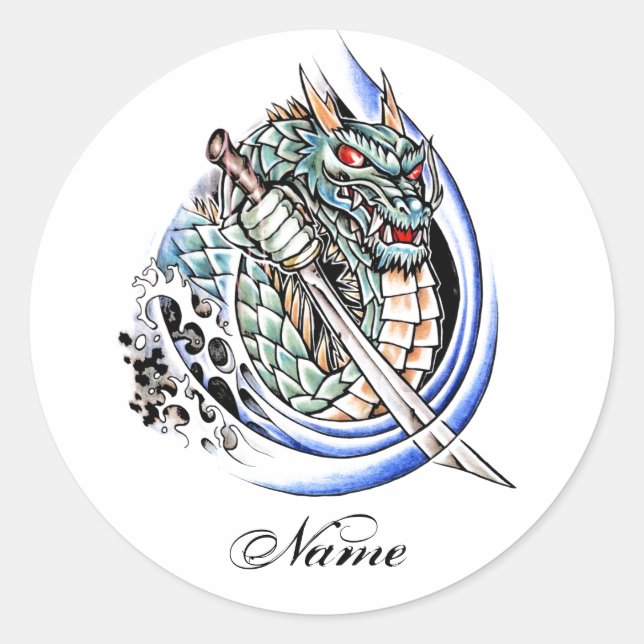 Sticker Rond Dragon oriental frais avec le tatouage d'épée (Devant)