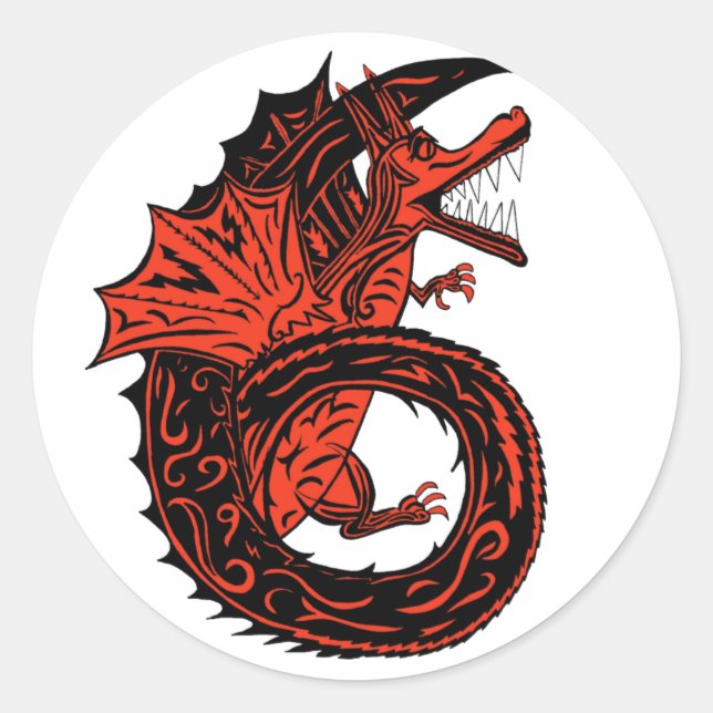 Sticker Rond Dragon rouge ailé et noir Numéro 6 Six (Devant)