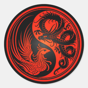 Sticker Rond Dragon rouge et noir Phoenix Yin Yang
