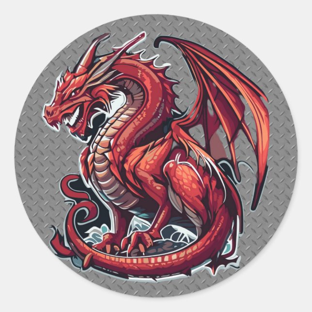 Sticker Rond Dragon Rouge Fierté Sur Plaque Diamant Métal (Devant)