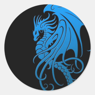 Sticker Rond Dragon tribal volant - bleu sur noir