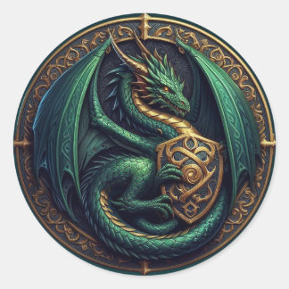 Sticker Rond Dragon vert avec Bouclier