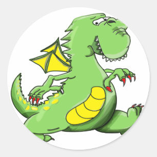 Sticker Rond Dragon vert caricature marchant sur ses pieds