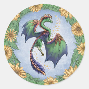 Sticker Rond Dragon vert d'été Nature Imaginaire Art