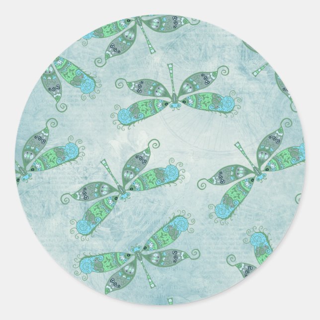 Sticker Rond Dragonflies Boho en bleu (Devant)