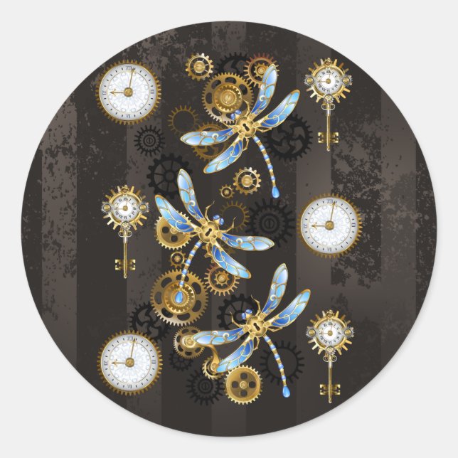 Sticker Rond Dragonflies de Steampunk sur arrière - plan rayé b (Devant)