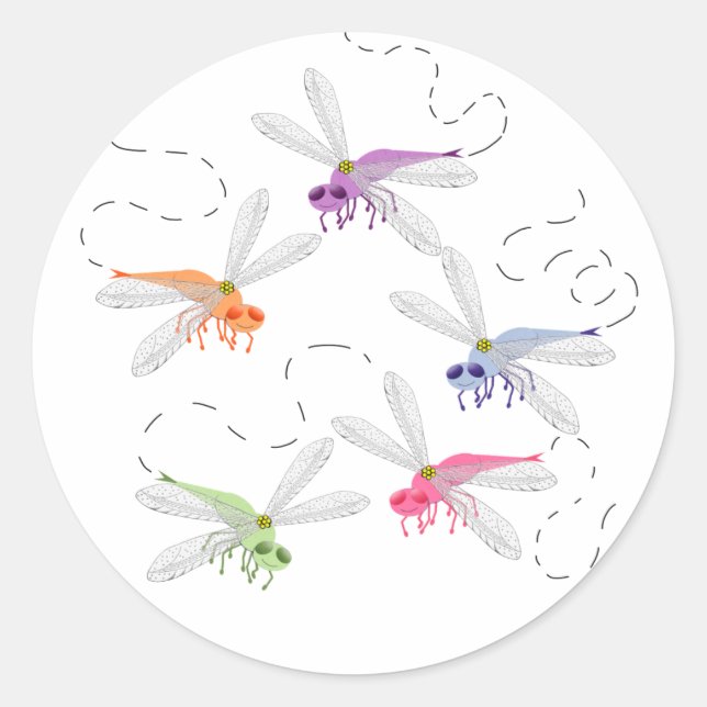 Sticker Rond Dragonflies Whimsical Cartoon Art (Devant)