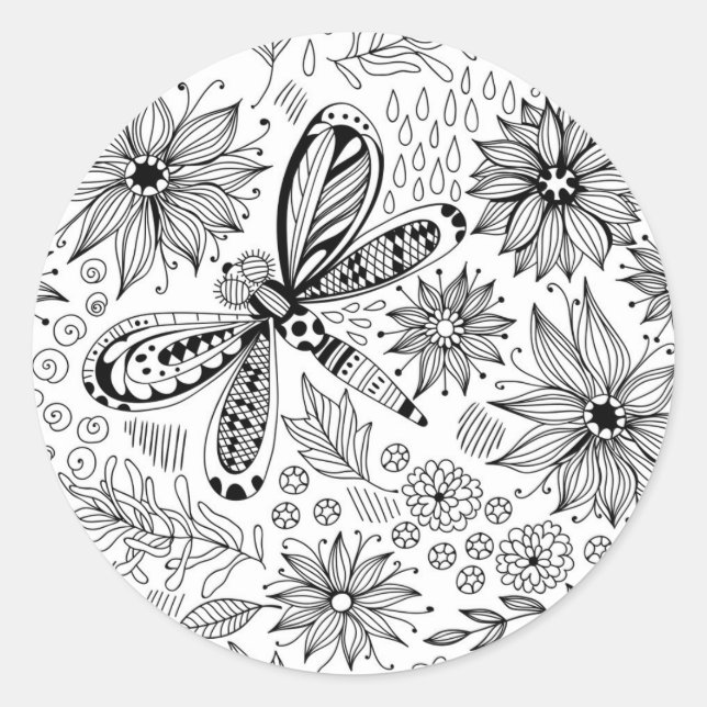 Sticker Rond Dragonfly et doodle de fleurs (Devant)