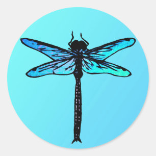 Sticker Rond Dragonfly japonaise vintage, bleu turquoise