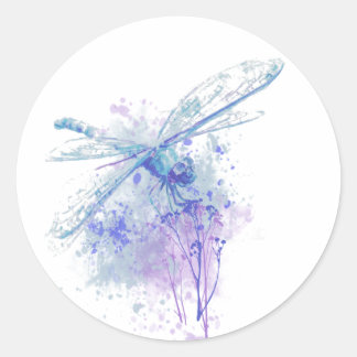 Sticker Rond Dragonfly originale aquarelle dans Blue Mauve Natu
