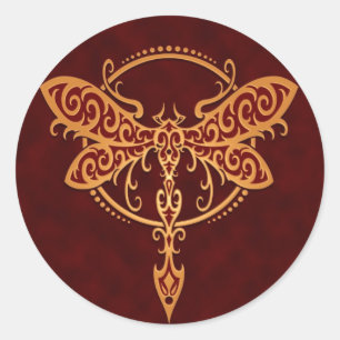 Sticker Rond Dragonfly Tribal, rouge doré