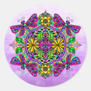 Sticker Rond Dragonfly violette et fleurs Mandala main tiré