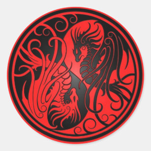 Sticker Rond Dragons de Yin Yang de vol - rouge et noir