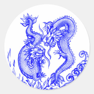 Sticker Rond Dragons spectaculaires Blue White Water Fire Asiat