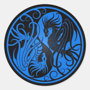 Sticker Rond Dragons volants bleus et noirs de Yin Yang