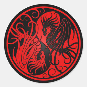 Sticker Rond Dragons volants rouges et noirs de Yin Yang