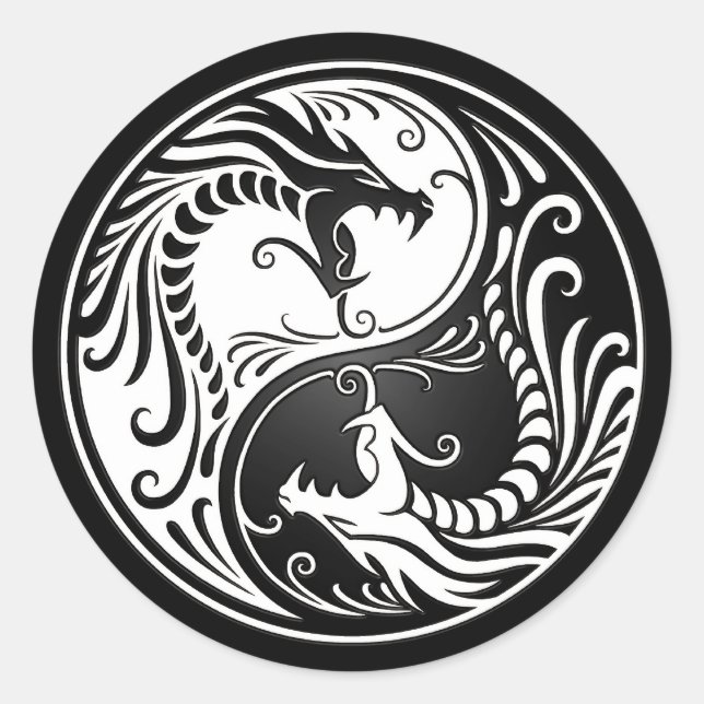Sticker Rond Dragons Yin Yang blancs et noirs (Devant)