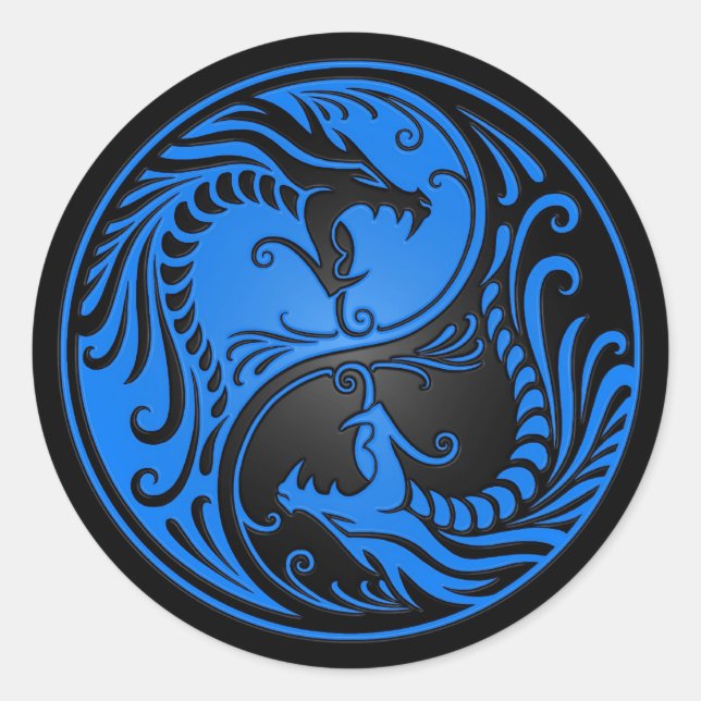Sticker Rond Dragons Yin Yang bleu et noir (Devant)
