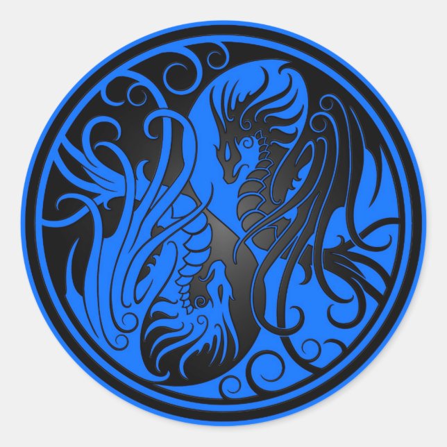 Sticker Rond Dragons Yin Yang - bleu et noir (Devant)