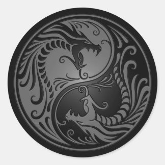 Sticker Rond Dragons Yin Yang gris et noir