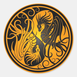 Sticker Rond Dragons Yin Yang - jaune et noir