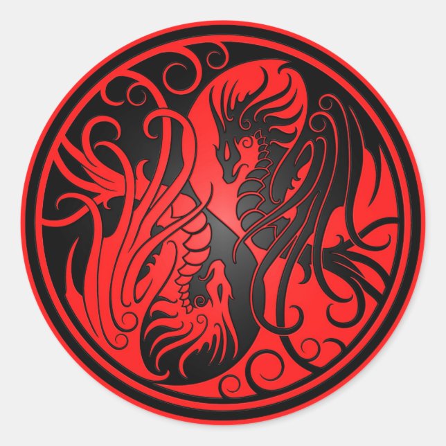 Sticker Rond Dragons Yin Yang - rouge et noir (Devant)