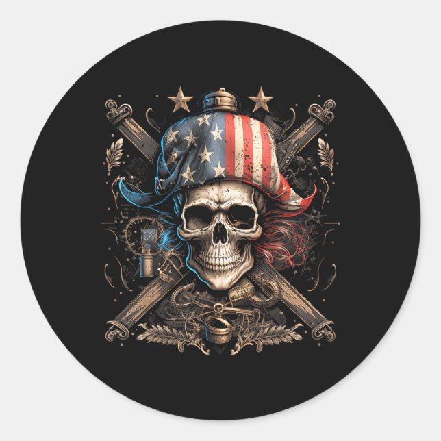 Sticker Rond Drapeau 4 juillet américain Pirate Amérique (Devant)