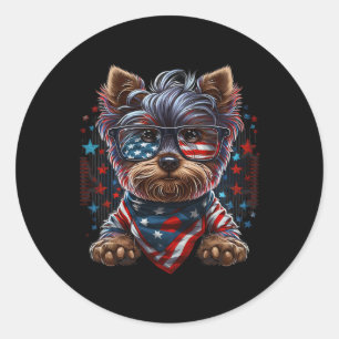 Sticker Rond Drapeau 4 juillet Yorkie Dog Us Patriotique