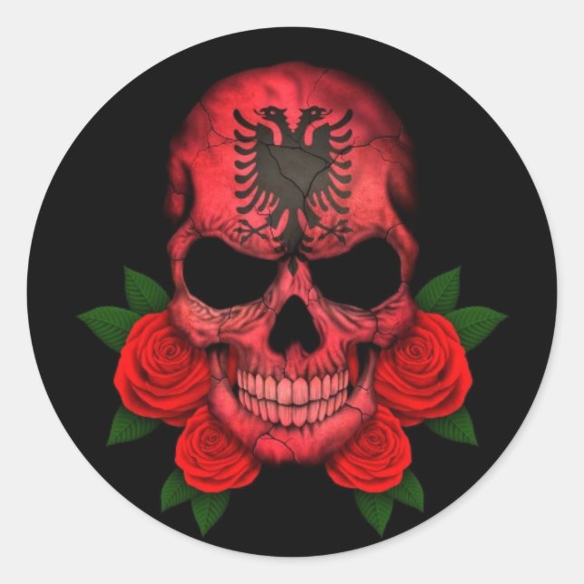 Sticker Rond Drapeau albanais avec des roses rouges (Devant)