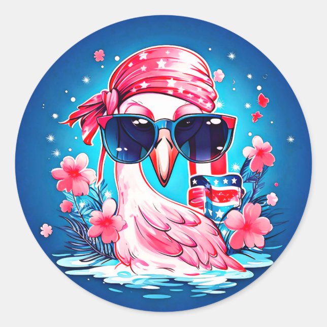 Sticker Rond Drapeau américain avec Flamant rose Cartoon-69681 (Devant)