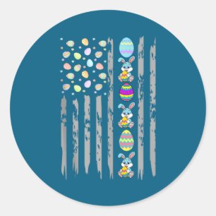 Sticker Rond Drapeau américain avec œufs de Pâques & lapin pour