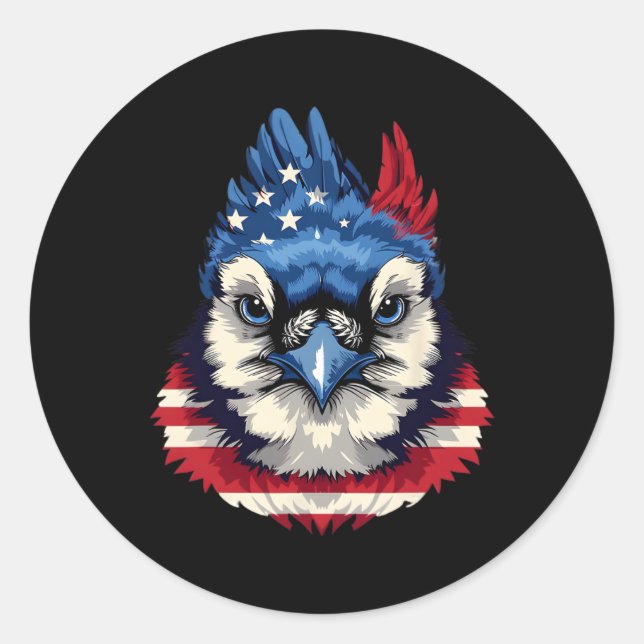 Sticker Rond Drapeau Américain Blue Jay Patriotic Bird Visage 4 (Devant)